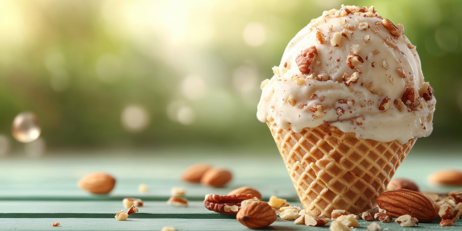 Creamy ice cream cone topped with nuts rests on a wooden table in a sunny outdoor setting